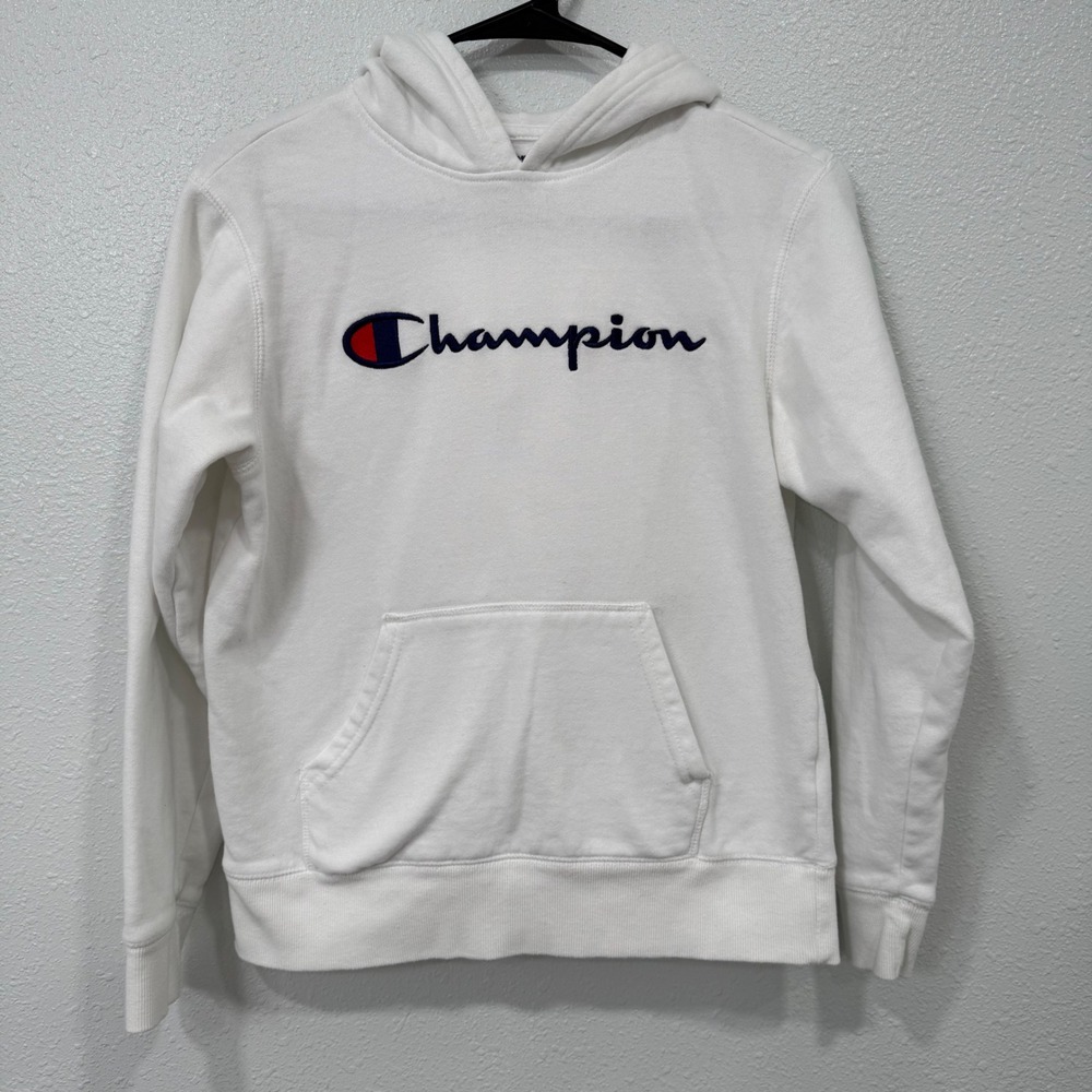 Champion Hoodie White Classic Logo Pullover Athletic Sweatshirt Mens‎ Size L